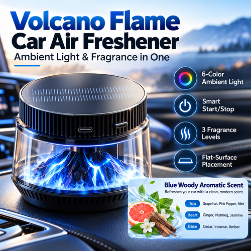 🌋 Volcano Flame Car Air Freshener – 6-Color Ambient Light, Adjustable Fragrance & Smart Auto Start/Stop