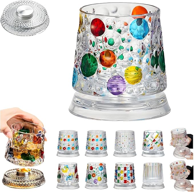 Spinning Whiskey Glasses, Vintage Colored Crystal Whiskey Glass, Hand-Painted Old Fashioned Tumbler for Bourbon, Scotch, Cocktails, Decorative Drinking Glass for Home Bar
