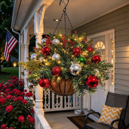 🎄Pre-Lit Artificial Christmas Decorative Basket: Festive Holiday Decor & Evergreen Style