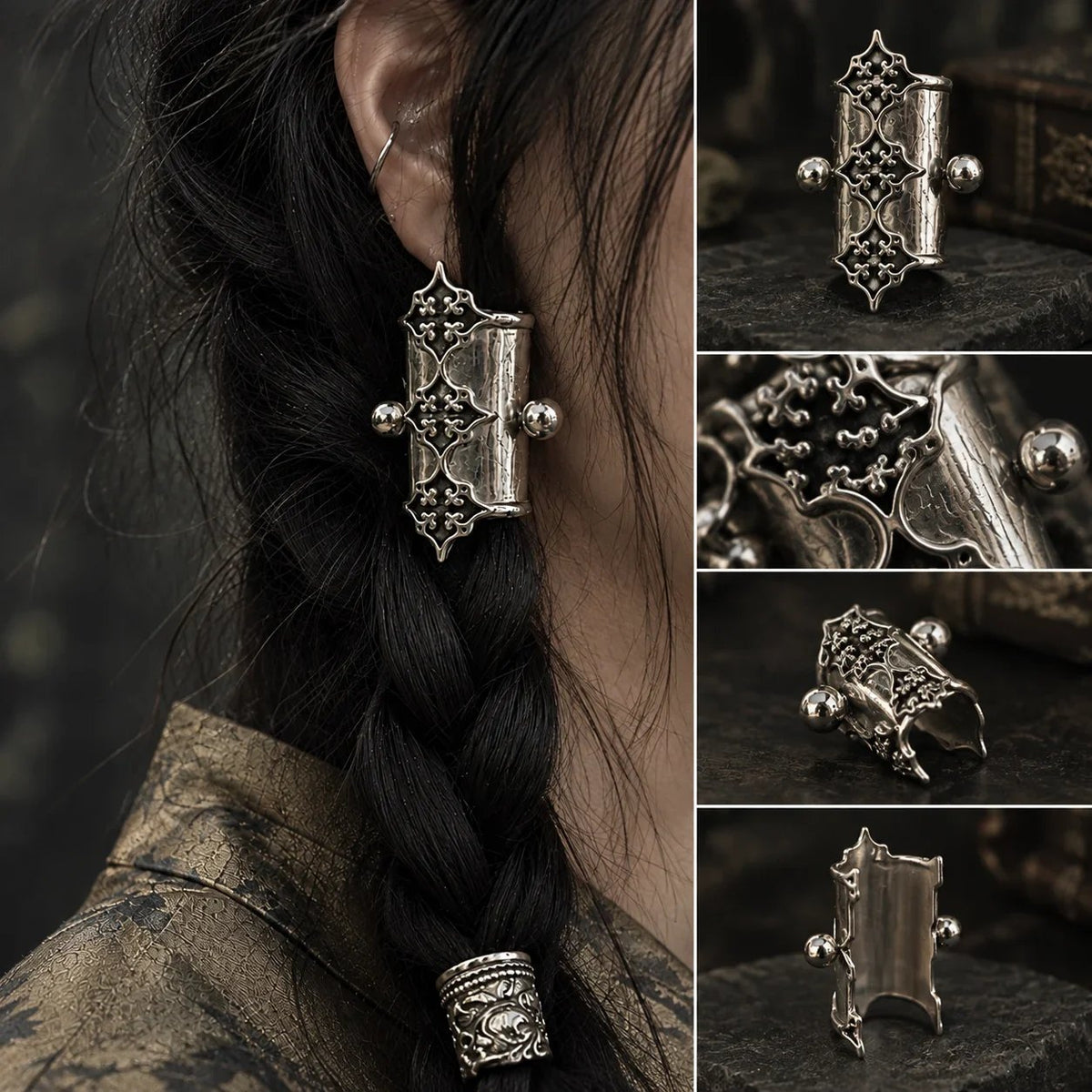 🖤2Pcs Gothic Filigree Hair Cuff for Braids, Vintage Antique Silver Medieval Hair Ring, Dark Romantic Hair Jewelry Accent
