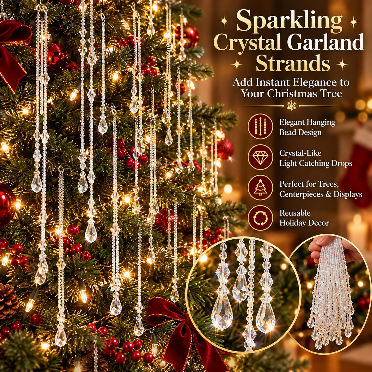 ✨ Sparkling Crystal-Like Christmas Garland – Hanging Teardrop Bead Strands for Elegant Holiday Tree Decor 🎄