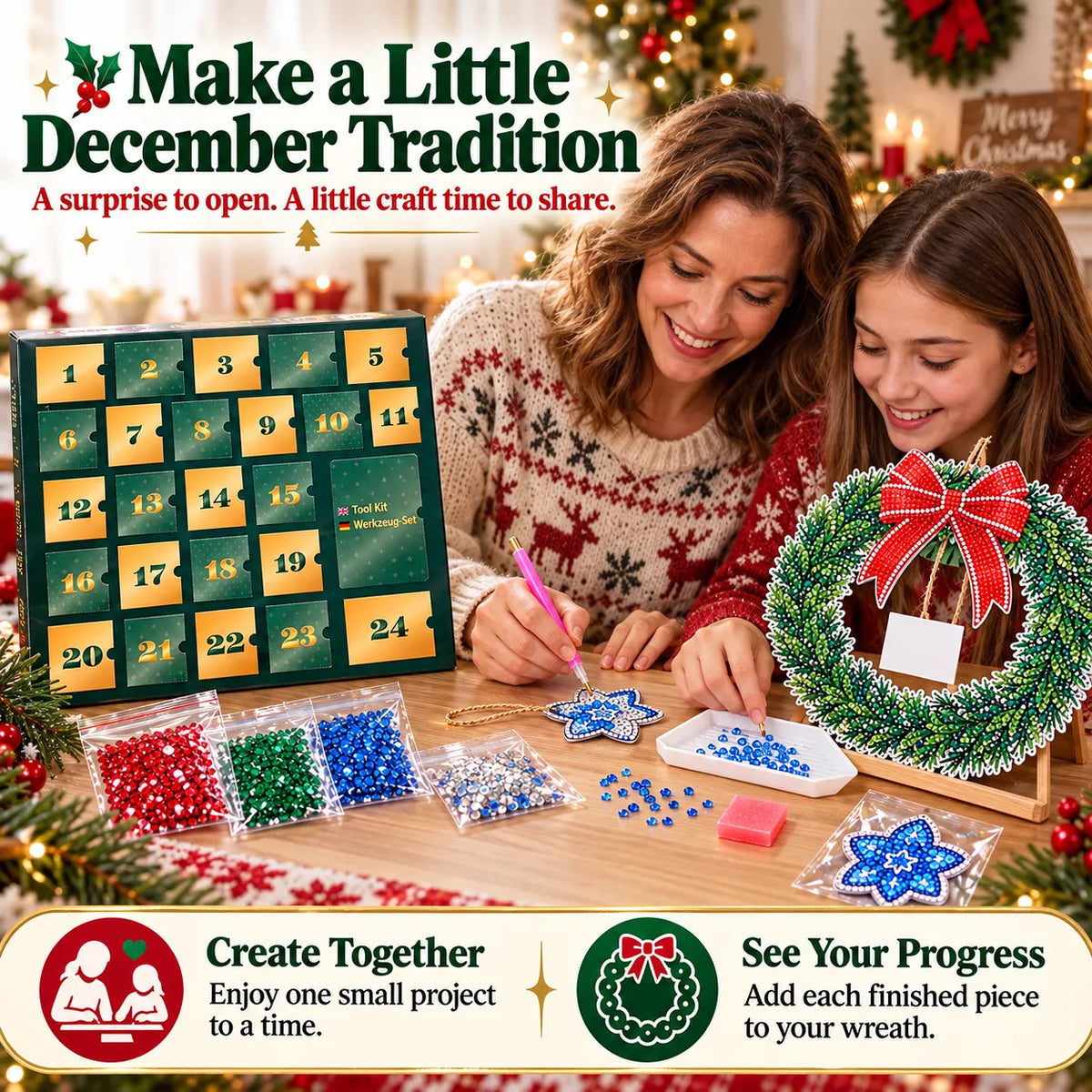 💎🎄 Beginner-Friendly 24-Day Diamond Art Wreath Advent Calendar – Craft Your Christmas Countdown