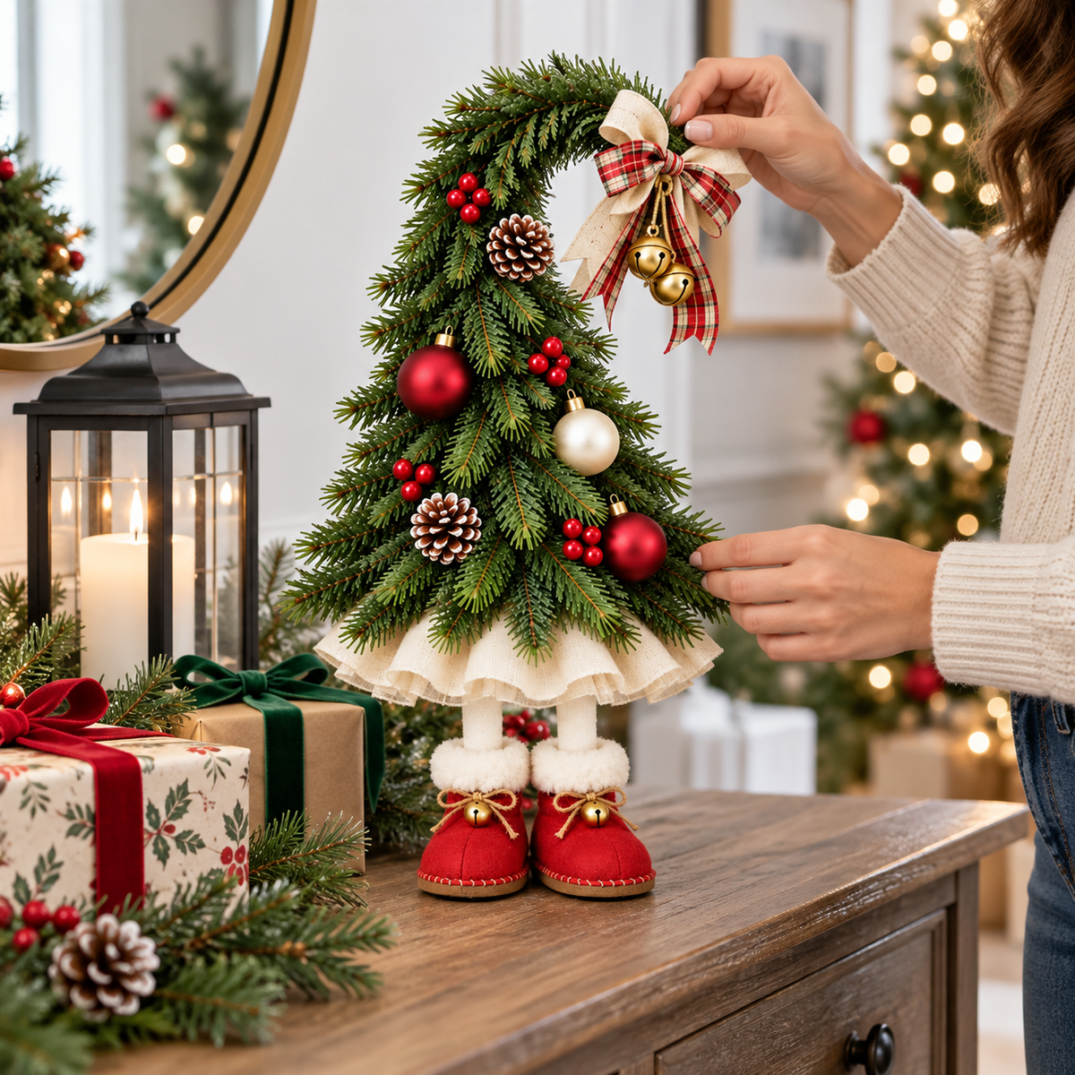 🎄 Whimsical Christmas Tree Gnome Decoration – Adorable Standing Holiday Decor with Red Boots & Festive Ornaments