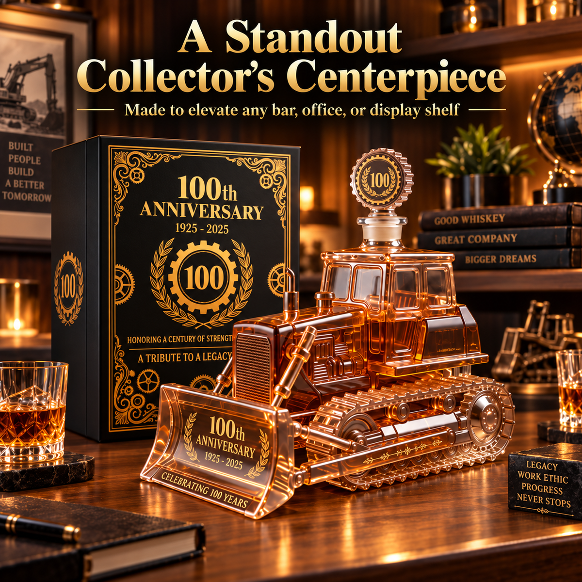 CAT 100th Anniversary Bulldozer Crystal Whiskey Decanter