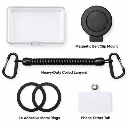Magnetic Phone Holster 📱 – Quick-Release Belt Mount with Coil Lanyard