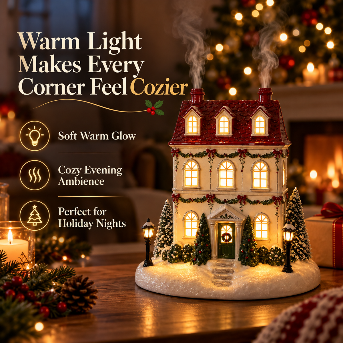 🔥Last Day 43% OFF🎄 Christmas House Aroma Diffuser – Warm Light & Gentle Mist Holiday Decor