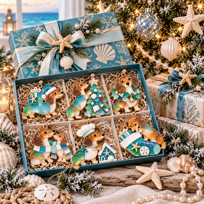 ⏰Coastal Christmas Dachshund Ornament Set – ✨6-Piece Stained Glass-Inspired Sea Glass Dog Christmas Tree Decorations, Gift for Dachshund Lovers