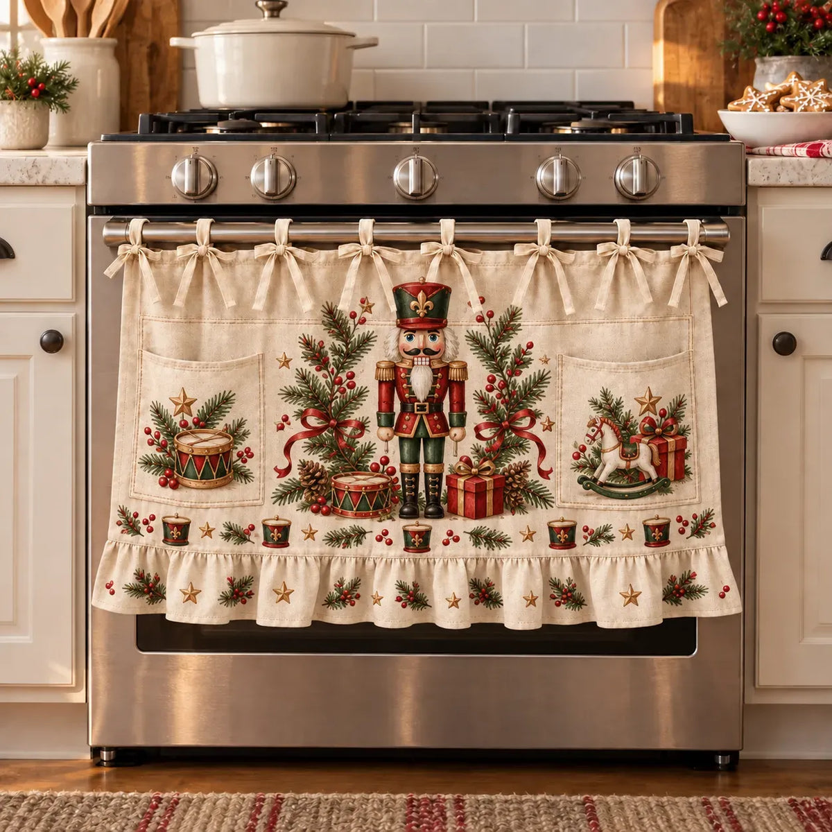 🎄 Christmas Kitchen Tie-On Skirt | Festive Holiday Designs with Pockets & Ruffled Trim ✨