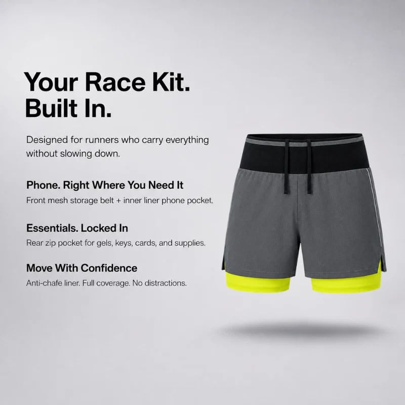 Marathon Pro Shorts — Front Mesh Storage Belt · Right Inner Liner Phone Pocket · Rear Zip Pocket · Anti-Chafe Liner