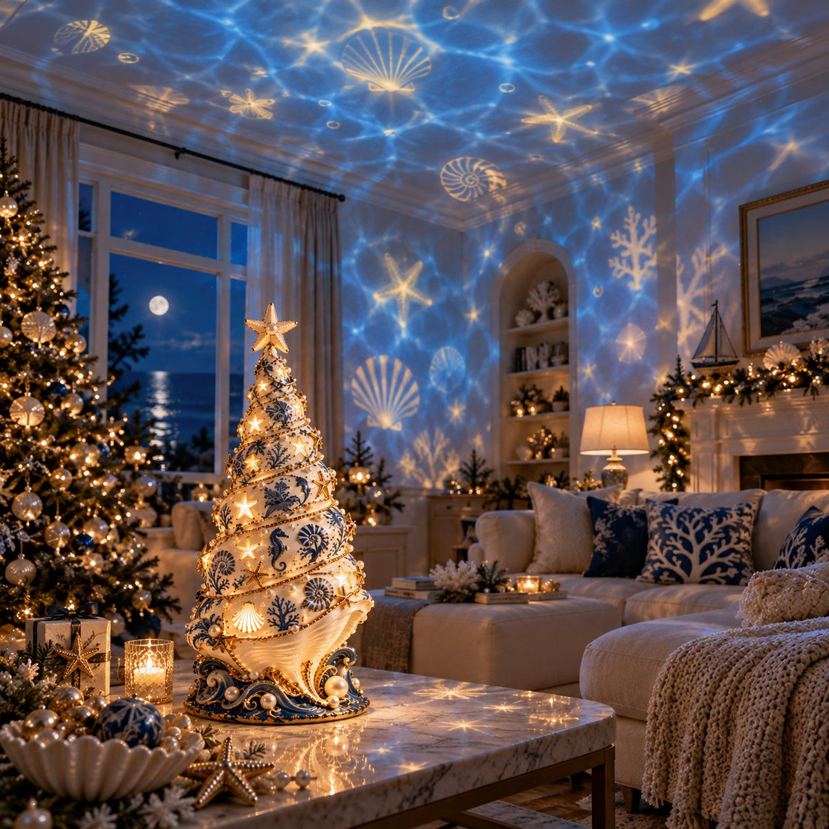 🌊🎄 Coastal Christmas Seashell Tree – Lighted Projection Holiday Decor