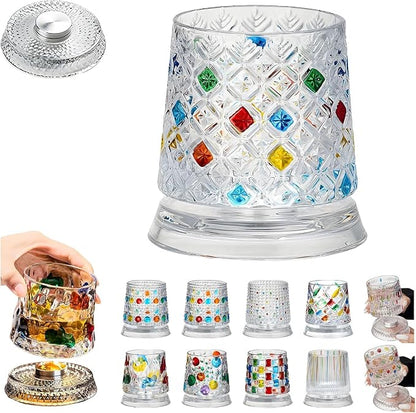 Spinning Whiskey Glasses, Vintage Colored Crystal Whiskey Glass, Hand-Painted Old Fashioned Tumbler for Bourbon, Scotch, Cocktails, Decorative Drinking Glass for Home Bar