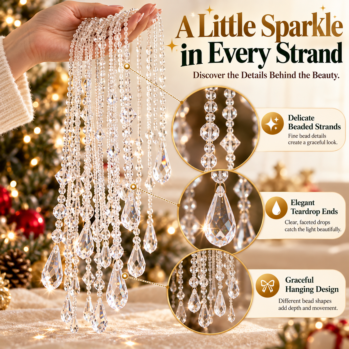 ✨ Sparkling Crystal-Like Christmas Garland – Hanging Teardrop Bead Strands for Elegant Holiday Tree Decor 🎄