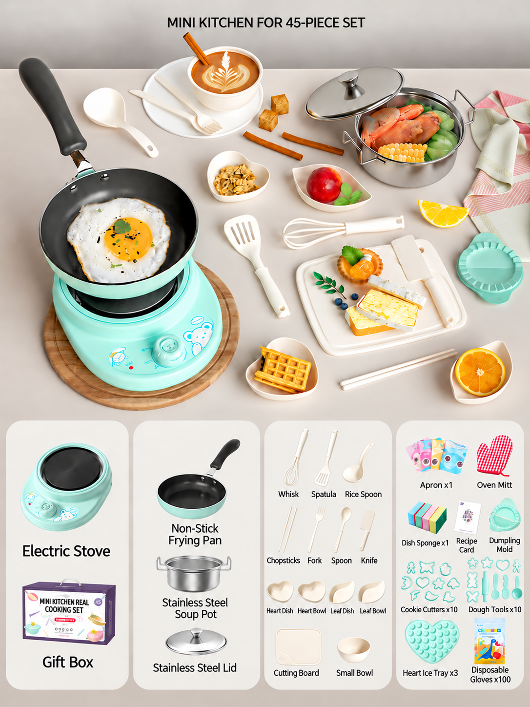 52-Piece Kids’ Mini Real-Cooking Kitchen Set with Electric Stove & Cookware