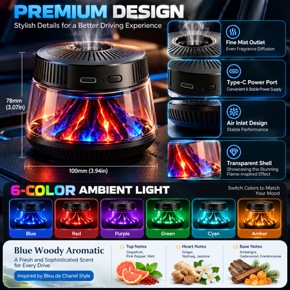 🌋 Volcano Flame Car Air Freshener – 6-Color Ambient Light, Adjustable Fragrance & Smart Auto Start/Stop