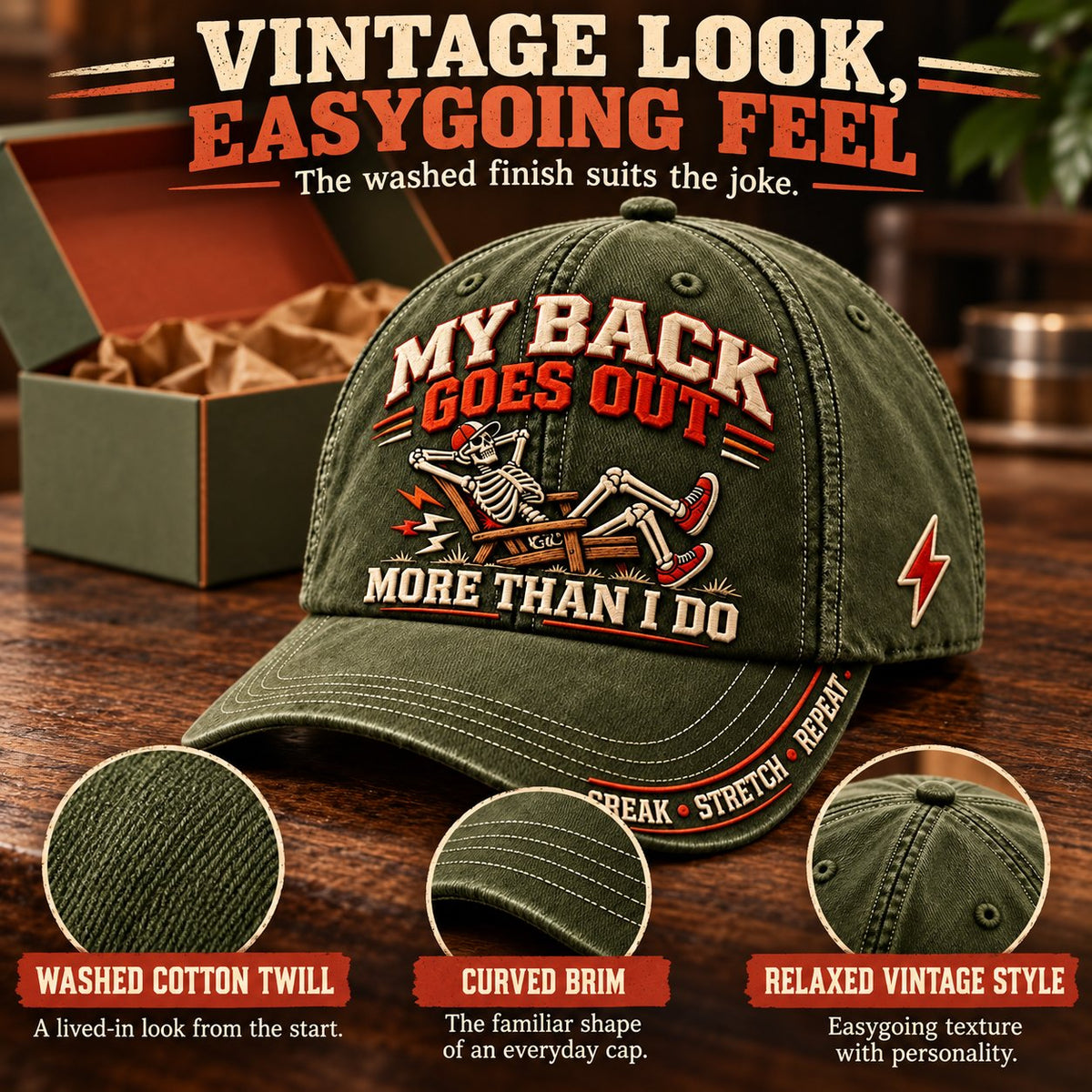 ⏳ Last Day 49% OFF – 💀 “My Back Goes Out More Than I Do” Vintage Baseball Cap | Cotton-Poly Blend • Detailed Embroidery • Adjustable Fit
