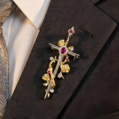 🥀 Gothic Rose & Dagger Brooch | Sculpted Golden Roses • Silver-Tone Blade • Ruby-Red Accents 🗡️