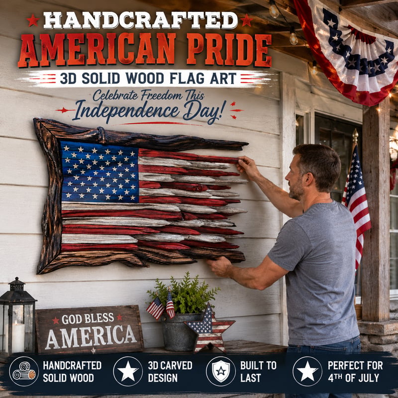 🇺🇸 Handcrafted 3D Wooden American Flag Wall Art | Rustic Patriotic Home Decor
