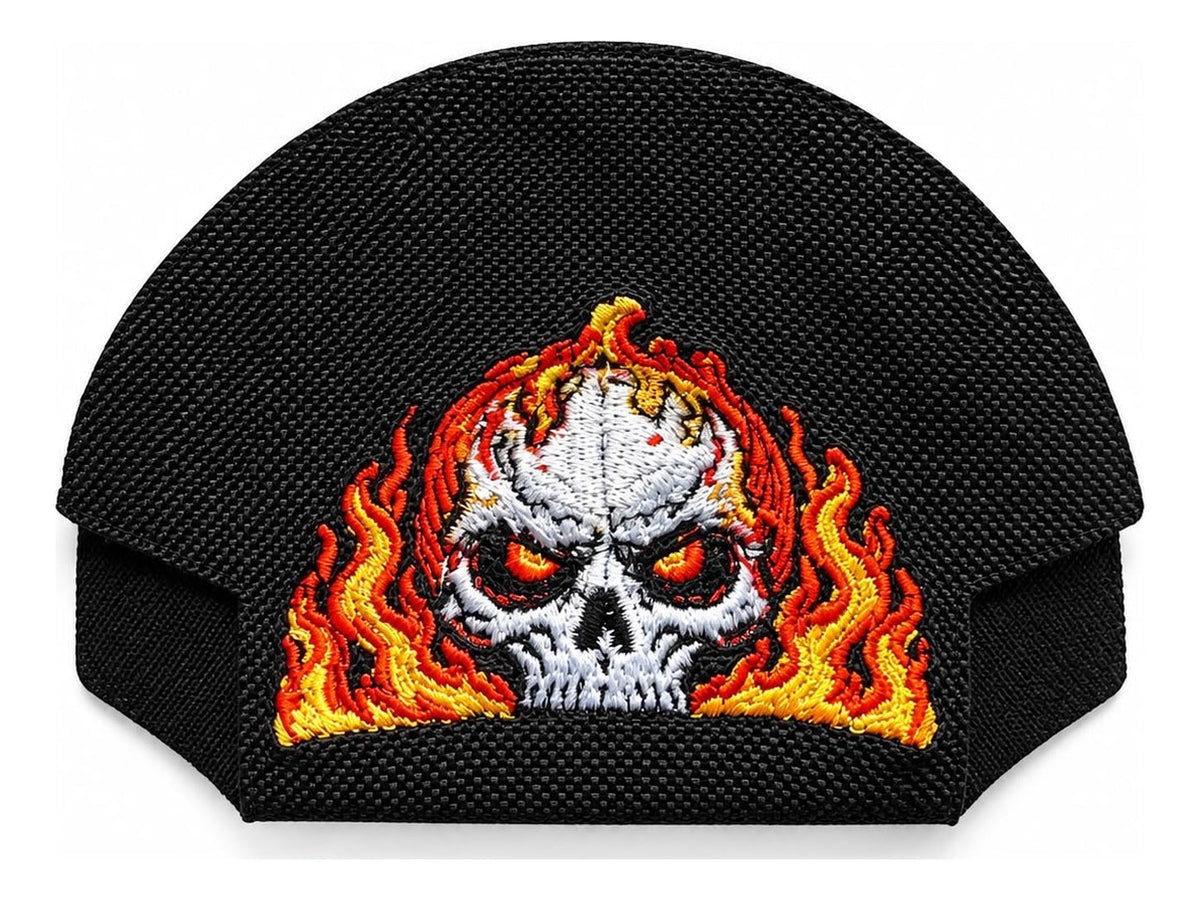 01 · Flaming Skull — Black embroidered cap-back insert; cap not included