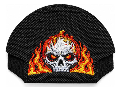 01 · Flaming Skull — Black embroidered cap-back insert; cap not included