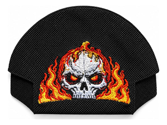 01 · Flaming Skull — Black embroidered cap-back insert; cap not included