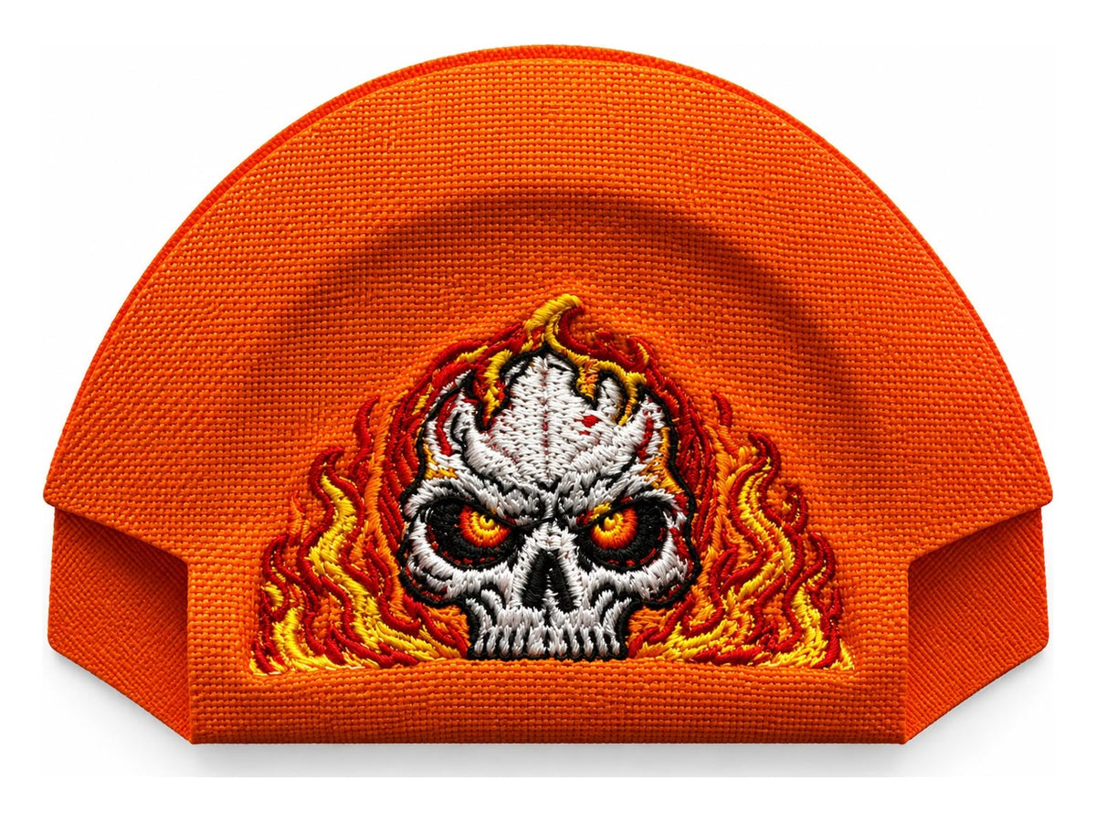 11 · Flaming Skull — Orange embroidered cap-back insert; cap not included