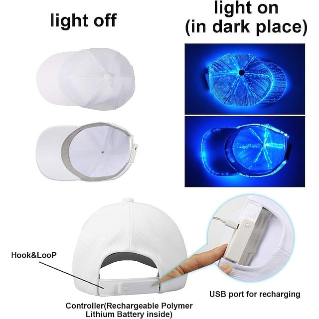 LED Fiber Optic Cap with 7 Colors, USB Rechargeable Glowing Baseball Hat for Party, Event, Holiday Light-Up Hat