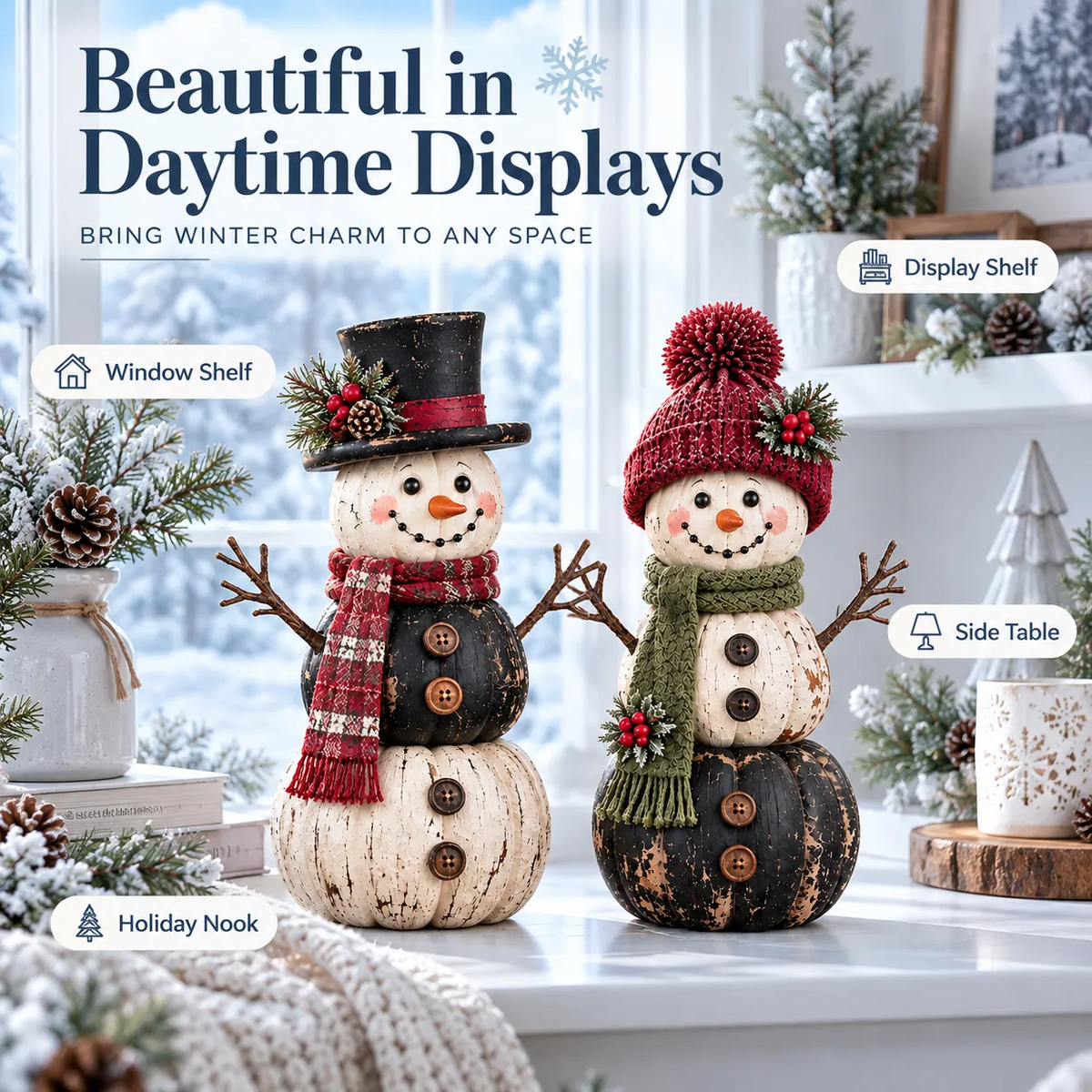 ☃️ Vintage Pumpkin Snowman Duo – Rustic Black & Ivory Farmhouse Christmas Figurines