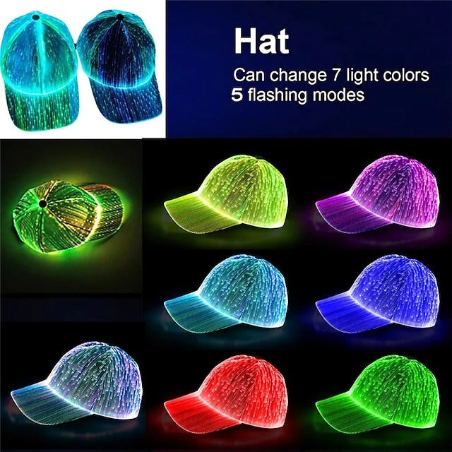 LED Fiber Optic Cap with 7 Colors, USB Rechargeable Glowing Baseball Hat for Party, Event, Holiday Light-Up Hat
