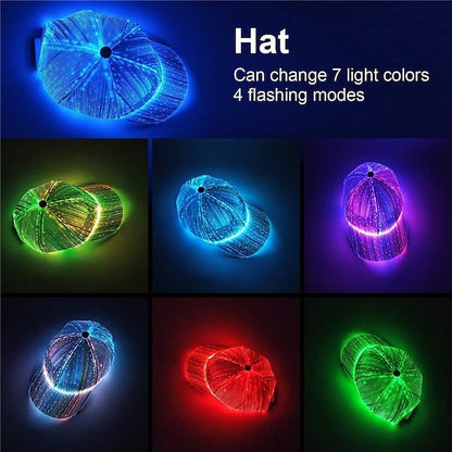 LED Fiber Optic Cap with 7 Colors, USB Rechargeable Glowing Baseball Hat for Party, Event, Holiday Light-Up Hat