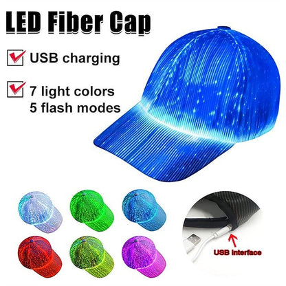 LED Fiber Optic Cap with 7 Colors, USB Rechargeable Glowing Baseball Hat for Party, Event, Holiday Light-Up Hat