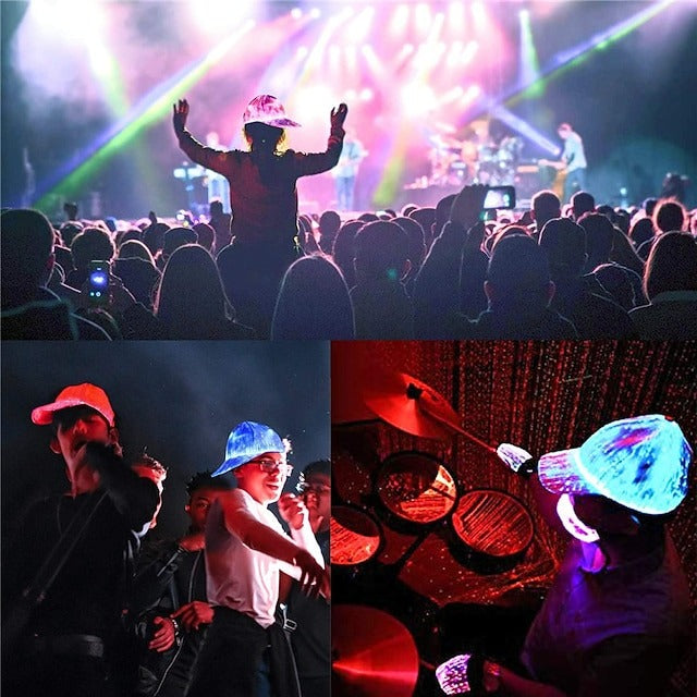 LED Fiber Optic Cap with 7 Colors, USB Rechargeable Glowing Baseball Hat for Party, Event, Holiday Light-Up Hat