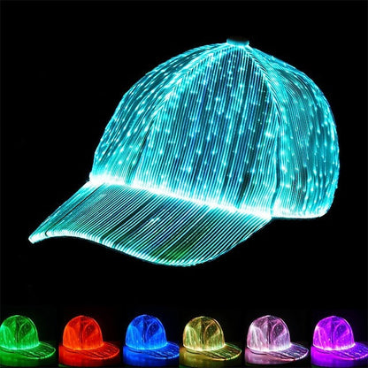 LED Fiber Optic Cap with 7 Colors, USB Rechargeable Glowing Baseball Hat for Party, Event, Holiday Light-Up Hat