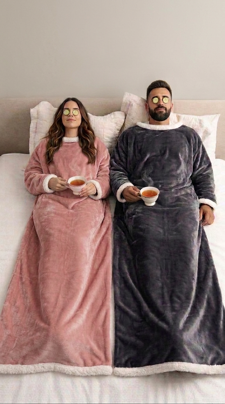Couple relaxing in bed with tea, wearing Kokoon wearable heated blankets in blush pink and charcoal gray