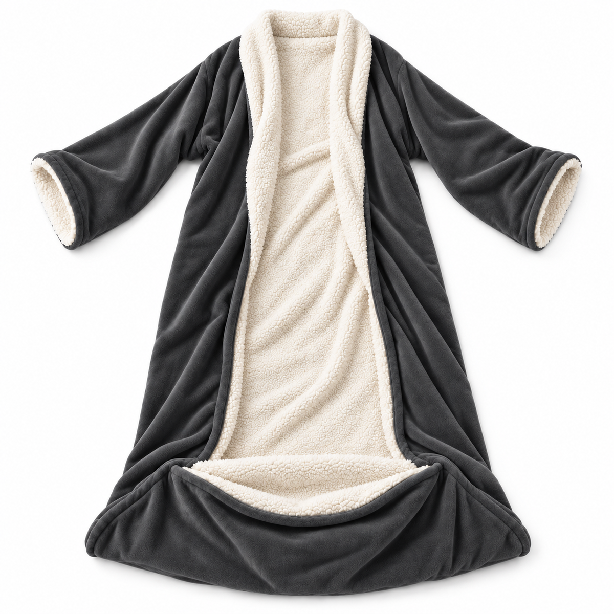 Kokoon charcoal gray wearable heated blanket laid flat and open, showing the soft sherpa lining