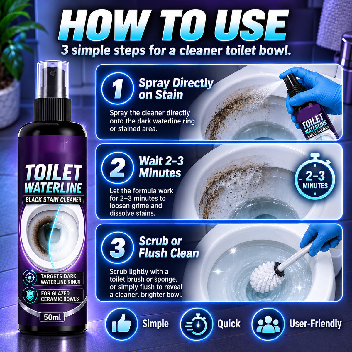🚽 Toilet Bowl Waterline Cleaner – Tackles Dark Rings & Limescale Buildup