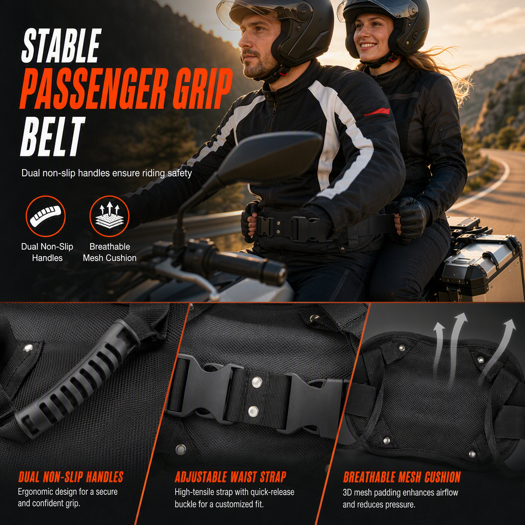 🏍️ Adjustable Passenger Grip Belt – ✋Motorcycle Passenger Waist-strap Safety Handle