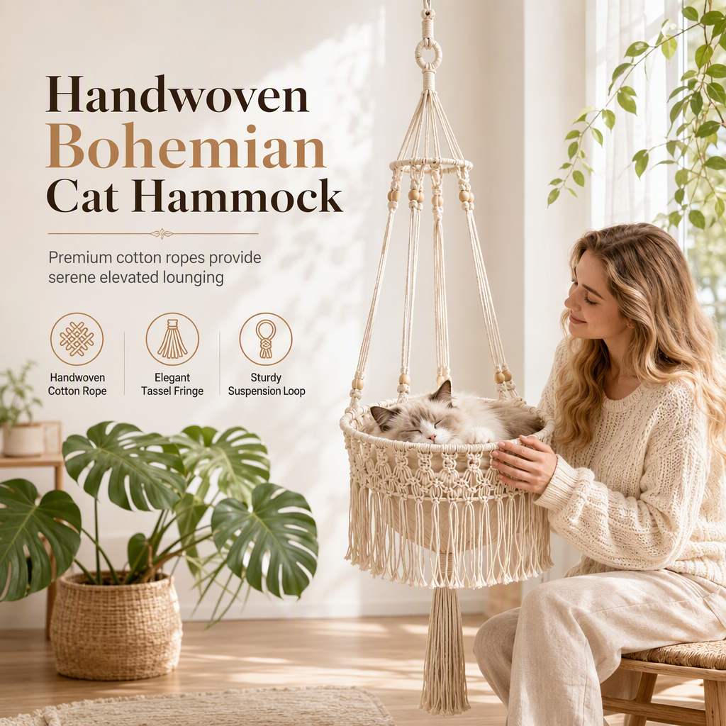 🐱50% OFF NOW! Handwoven Bohemian Hanging Cat Hammock – Macrame Cotton Rope Cat Swing Bed with Tassels, Elevated Indoor Cat Perch for Kittens & Cats