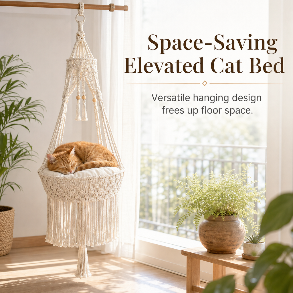 🐱50% OFF NOW! Handwoven Bohemian Hanging Cat Hammock – Macrame Cotton Rope Cat Swing Bed with Tassels, Elevated Indoor Cat Perch for Kittens & Cats