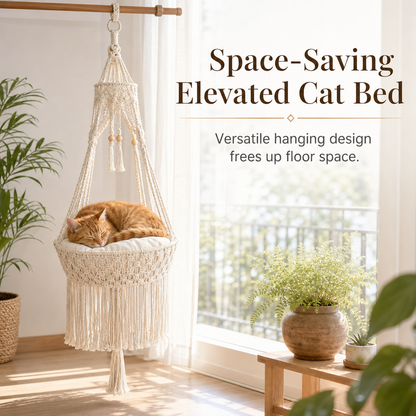 🐱50% OFF NOW! Handwoven Bohemian Hanging Cat Hammock – Macrame Cotton Rope Cat Swing Bed with Tassels, Elevated Indoor Cat Perch for Kittens & Cats