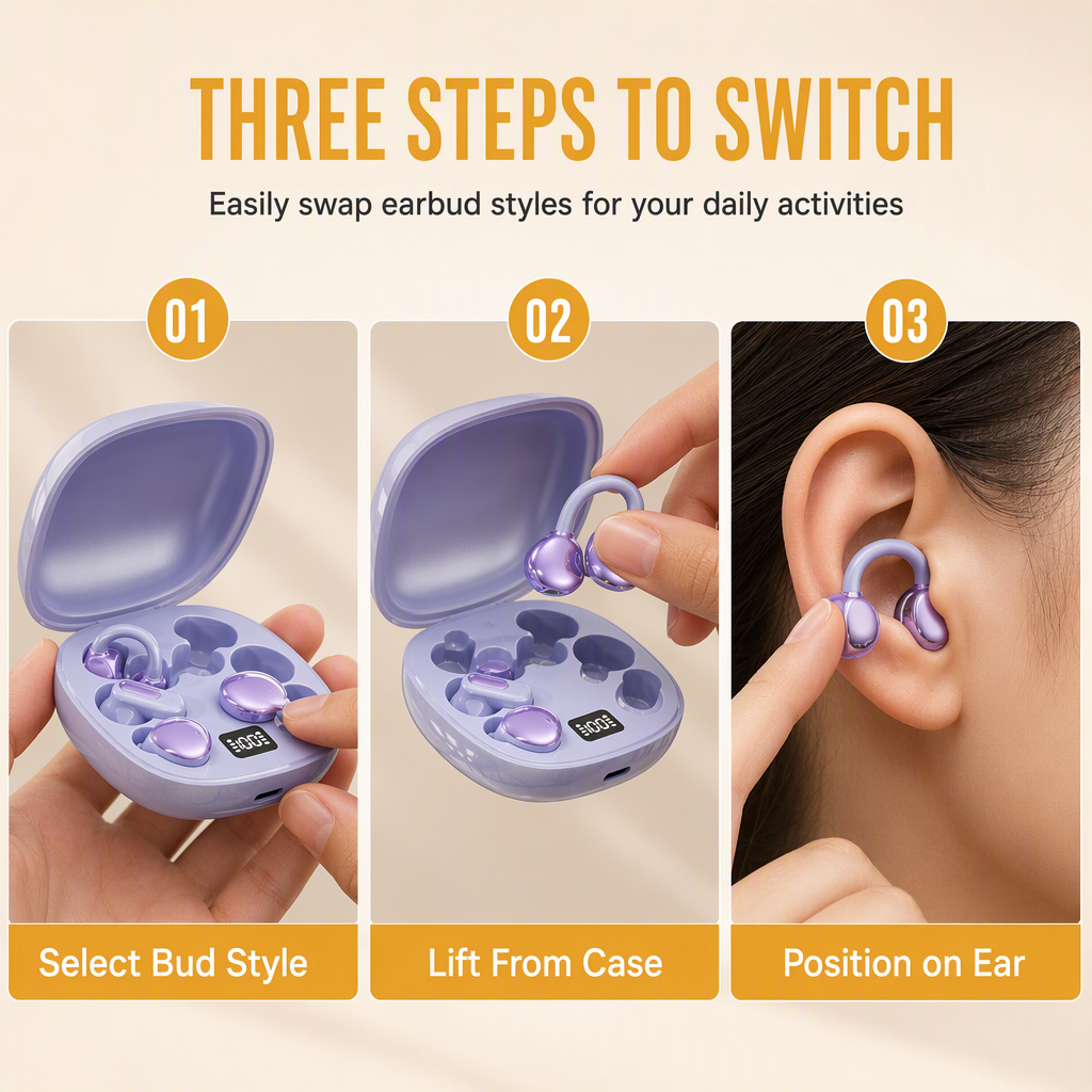 3-in-1 Bluetooth Earphones ✨ Ear Clip · In-Ear · Sleep Modes | 🔇 Noise Cancelling | 🔋 Ultra Long Battery | 6 Pairs of Ear Tips Included